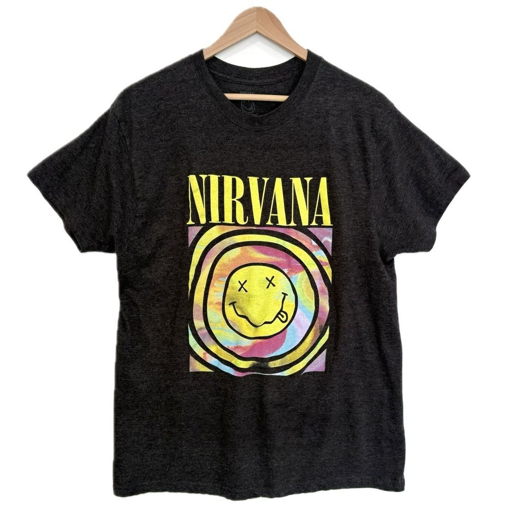 Nirvana Smiley Face Graphic Tee Womens Size XL Charcoal Grey Rainbow Tie Dye